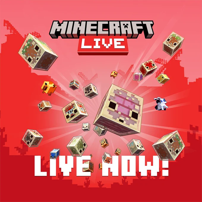 Still image of sulfur cubes with Minecraft LIVE logo and LIVE NOW text