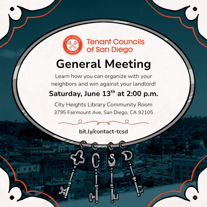 Graphic advertising TCSD's general meeting. A navy-blue toned background depicts apartments in the City of San Diego. In the foreground, the details of the meeting and TCSD's logo (a red circle with two keys crossed in an X pattern inside) as well as the details of the event are enclosed in the loop of a silver key ring.