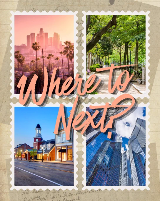 A collage of four travel destinations with the text 'Where to Next?' in the center. The images include a city skyline, a park, a quaint town street, and modern skyscrapers, creating an exploratory mood.