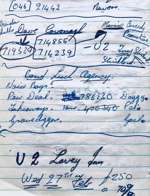 Contract for a U2 show in February, 1980, handwritten on a scrap of paper.