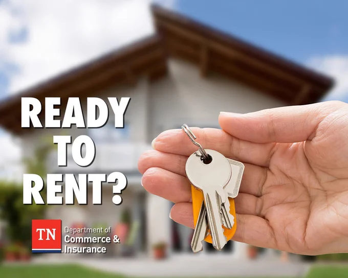 Hand with house keys and text: Ready to rent? Tennessee Department of Commerce & Insurance.