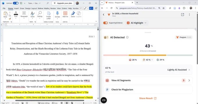 A research paper discusses Hans Christian Andersen’s tales in colonial India, while an AI detection tool analyzes its originality.