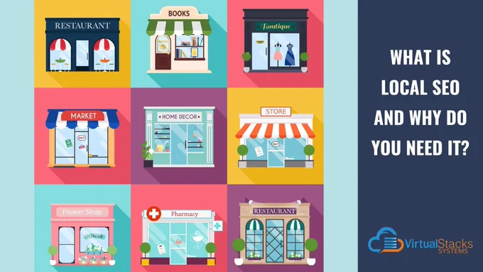 Illustration of storefronts of different types of small businesses; Virtual Stacks Systems logo.