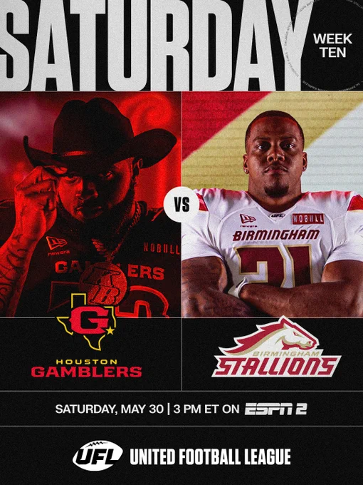 Promotional graphic for a United Football League Week Ten game featuring the Houston Gamblers versus the Birmingham Stallions. The split image displays a player from each team with event details.
