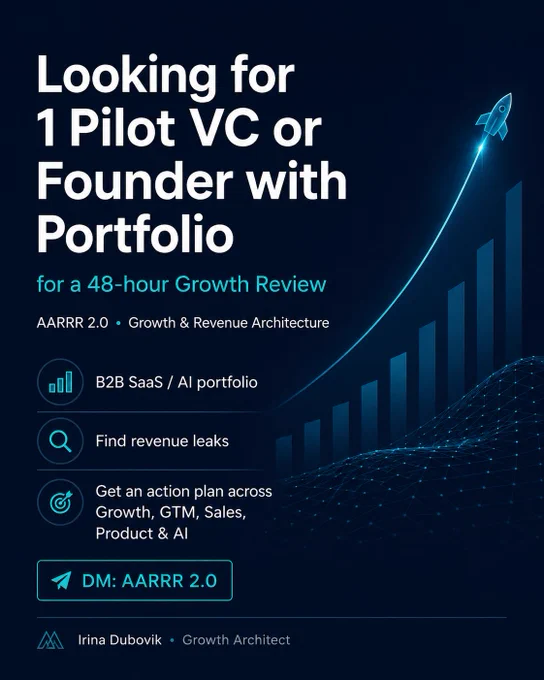 Looking for 1 project for a Growth Review — a founder with multiple companies or a VC / accelerator with a B2B SaaS / AI portfolio.
Pilot format: 1 free AARRR 2.0 Growth & Revenue Architecture review for one company from the portfolio.