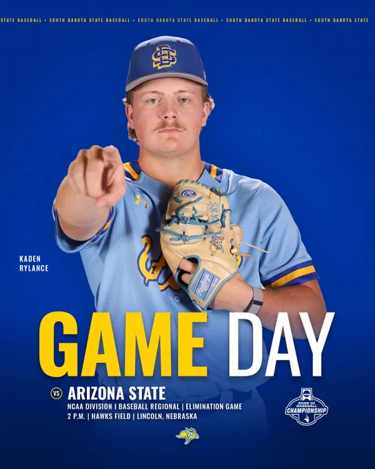 South Dakota State baseball gameday graphic for May 30, 2026, as the Jackrabbits meet Arizona State in an elimination game at the Lincoln Regional of the NCAA Division I Baseball Championship. Game time at Hawks Field in Lincoln, Nebraska, is set for 2 p.m. Central Time. Featured player is freshman pitcher Kaden Rylance, who is pictured pointing at the camera with his right hand while holding a tan-colored baseball glove across his chest with this left hand. Rylance is wearing a light blue uniform and royal blue baseball cap with the SD logo.