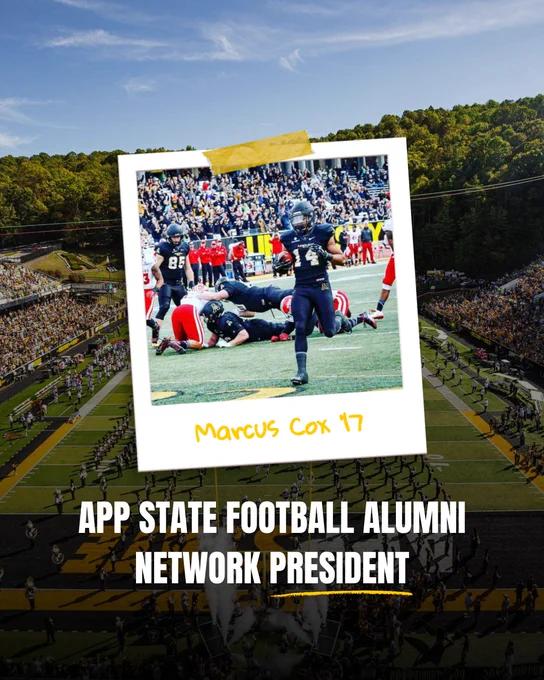 Graphic featuring Kidd Brewer Stadium filled with fans during an App State football game. A taped Polaroid-style action photo in the center shows Marcus Cox ’17 running the football in a black App State uniform during a game. White text at the bottom reads “App State Football Alumni Network President.”