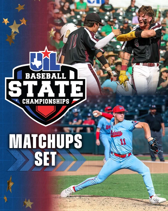 Graphic with two stacked photos of baseball players, top one is two teammates high fiving and the bottom one is throwing the ball. Text says "Matchups Set".