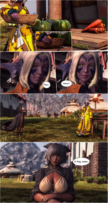A comic depicting Rielle returning home to the Dawn Throne, years after running away. Returning as part of the liberation of Doma, she's stressed about the meeting, unsure about the reception. First page shows her mom during her everyday tasks when Rielle approaches her in the midday.