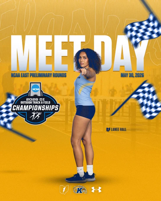 The image is a promotional poster for the NCAA East Preliminary Rounds on May 30, 2026. It features a person pointing forward, with checkered flags on both sides. The text includes "Meet Day" and "2026 DI Outdoor Track & Field Championships." The logos for NCAA, Kent State University, and athletics brands are displayed at the bottom.