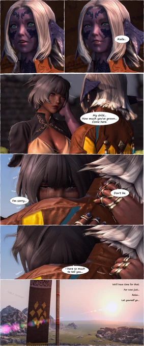 On the second page, the mother recognizes Rielle, pets her head and gives her a warm welcome. Rielle overcome by emotion cries more and more until she finally lets it all go, encouraged by her mom.