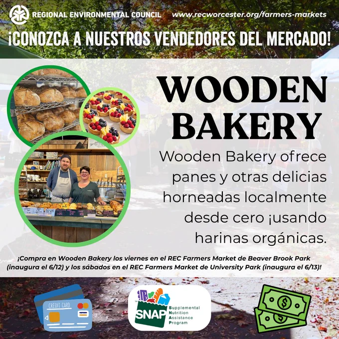 Conozca a los vendedores de los mercados de agricultores del Regional Environmental Council (REC). ¡Wooden Bakery ofrece panes y otras delicias horneadas localmente y desde cero, utilizando harinas orgánicas! Compre en Wooden Bakery los viernes en el Mercado de Agricultores del REC en Beaver Brook Park (inauguración el 12/6) y los sábados en el Mercado de Agricultores del REC en University Park (inauguración el 13/6). 