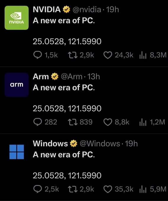 Las cuentas de Windows, NVIDIA y ARM diciendo: “la nueva era de los PCs” y las coordenadas de Taipéi