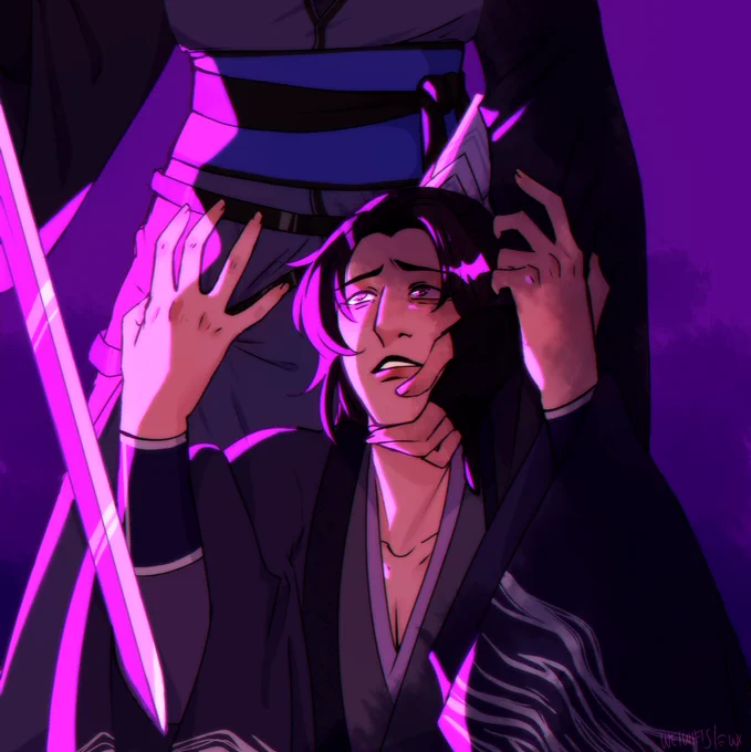 A drawing of Song Lan seconds from having his tongue removed by Xue Yang. He is looking dazed and upset, his eyes cast upward towards his tormentor. He is gripping onto Xue Yang's thigh and grabbing at his wrist to pry him off; Xue Yang is holding his face while angling his sword.  Xue Yang's top half is also not in view. The scene is neon purple.