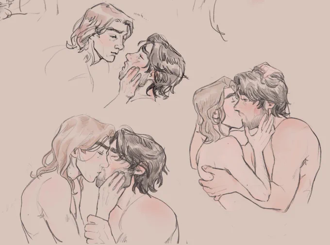 Digital sketch page showing 3 drawings of jayvik kissing. In the first one, a long haired viktor is squishing jayce’s face while jayce looks up at him entranced, his mouth hanging open slightly. In the middle drawing, the two are kissing while grabbing each other tightly. In the bottom drawing, viktor is kissing jayce with a hand on his jaw while jayce grabs his wrist.