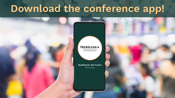 Hand holding a smartphone displaying the Nebraska conference app with the slogan 'Building for the Future' and hashtag #NYC2026.