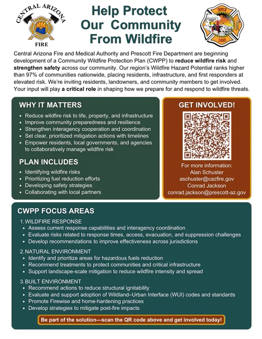 Community Wildfire Protection Plan informational flyer. Title reads, “Help Protect Our Community From Wildfire.”