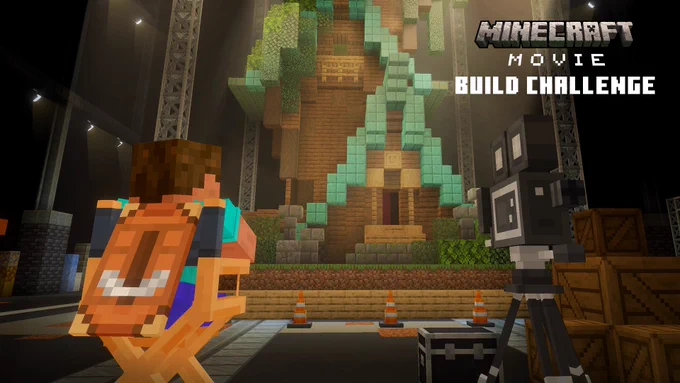 Still image showcasing Steve wearing the Builder Cape with text: Minecraft Movie Build Challenge.