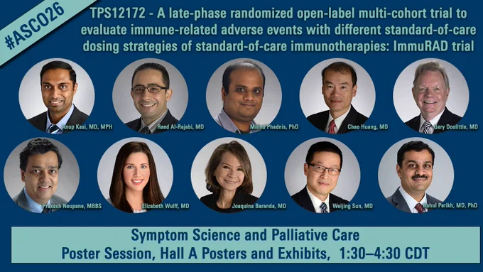 A graphic shows the headshots of ten people alongside info about their presentation on “A late‑phase randomized open‑label multi‑cohort trial to evaluate immune‑related adverse events with different standard‑of‑care dosing strategies of standard‑of‑care immunotherapies: ImmuRAD trial” happening at the ASCO annual meeting.
