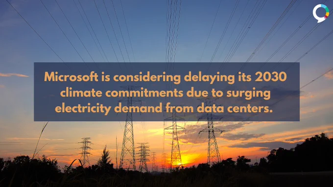 An image of an electricity grid with the text, “Microsoft is considering delaying its 2030 climate commitments due to surging electricity demand from data centers.”