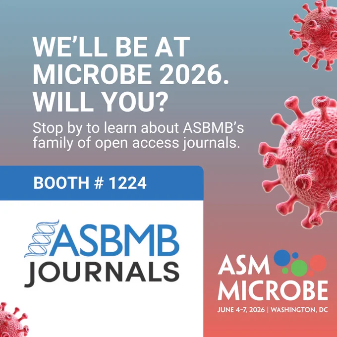 Announcement for ASBMB Journals at Microbe 2026 with booth number 1224 and event details in Washington, D.C.