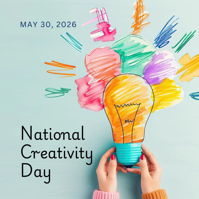 Hands holding a lightbulb with colorful creative scribbles erupting from the top, advertising National Creativity Day on May 30, 2026.