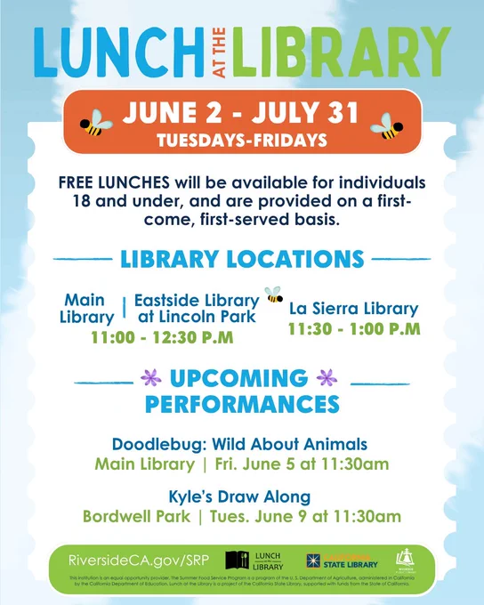 Flyer announcing free lunches for individuals 18 and under at Riverside libraries from June 2 to July 31, Tuesdays to Fridays.