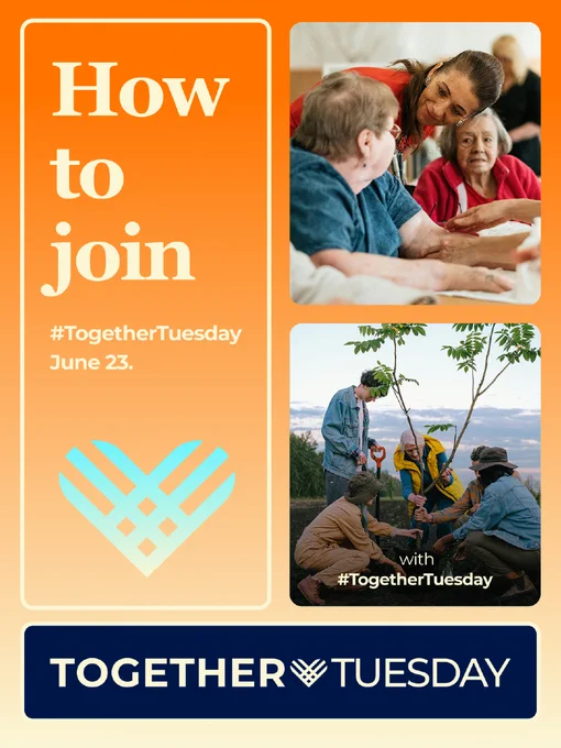 Invitation to join Together Tuesday on June 23, showing volunteers helping older adults and planting a community tree.