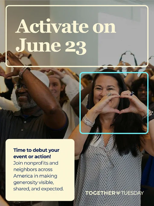Group making heart-hand gestures; message to activate on June 23 for Together Tuesday generosity and community events.