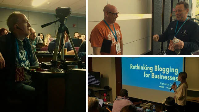 Clockwise from left: Volunteer filming a session at WordCamp; An attendee speaking with a volunteer; and a speaker presenting at a session.