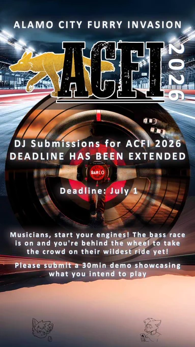 DJ Submissions for ACFI 2026 DEADLINE HAS BEEN EXTENDED

Deadline: July 1

Musicians, start your engines! The bass race is on and you're behind the wheel to take the crowd on their wildest ride yet!

Please submit a 30min demo showcasing what you intend to play