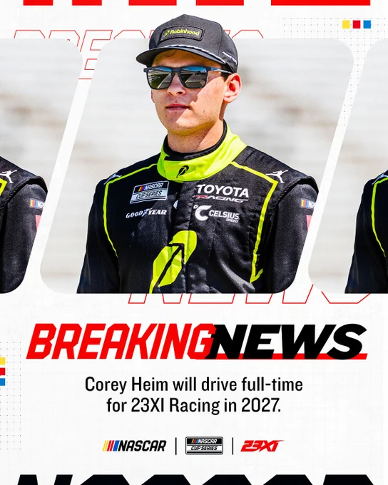 Breaking news graphic for Corey Heim and 23XI Racing.