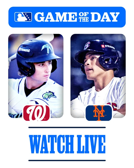 Top: MiLB Game of the Day logo
Middle: An image of Devin Fitz-Gerald with a Nationals logo in front of a red background. And an image of Mitch Voit with a Mets logo in front of a blue background. 
WATCH LIVE