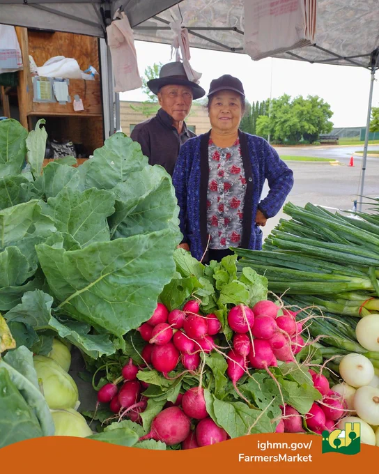 Fresh radishes, leafy greens, and onions displayed at a farmers market stall with two vendors standing behind under a canopy.