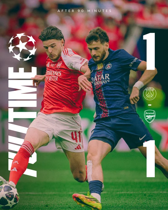 Full Time: PSG 1-1 Arsenal (After 90 minutes)