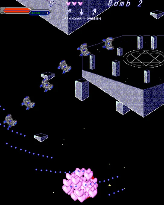 Second Shuusou Gyoku comparison screenshot of the randomness in 1) the hearts shown when losing a life, and 2) the sparks shown when grazing bullets. Taken at the start of Stage 5.