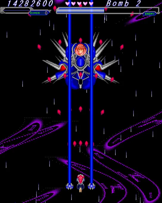 Second Shuusou Gyoku comparison screenshot of the randomness in Stage 6's wavy clock background and falling stars. Taken at the start of VIVIT-captured-'s first phase, on the specific frame before her first pattern.