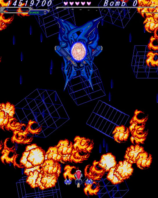 Second Shuusou Gyoku comparison screenshot of the randomness in boss explosions and Stage 6's wireframe cubes. Taken during the entrance animation of VIVIT-captured-'s second phase.