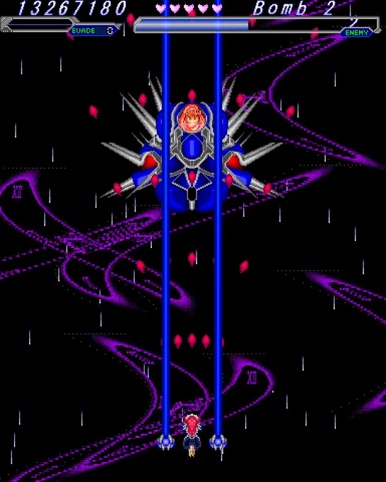 First Shuusou Gyoku comparison screenshot of the randomness in Stage 6's wavy clock background and falling stars. Taken at the start of VIVIT-captured-'s first phase, on the specific frame before her first pattern.