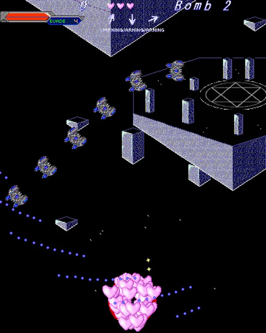 First Shuusou Gyoku comparison screenshot of the randomness in 1) the hearts shown when losing a life, and 2) the sparks shown when grazing bullets. Taken at the start of Stage 5.
