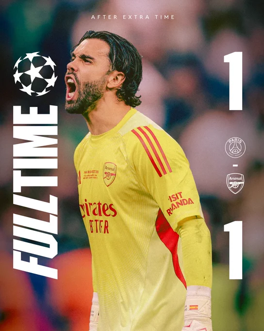 Full Time: PSG 1-1 Arsenal (After Extra Time)