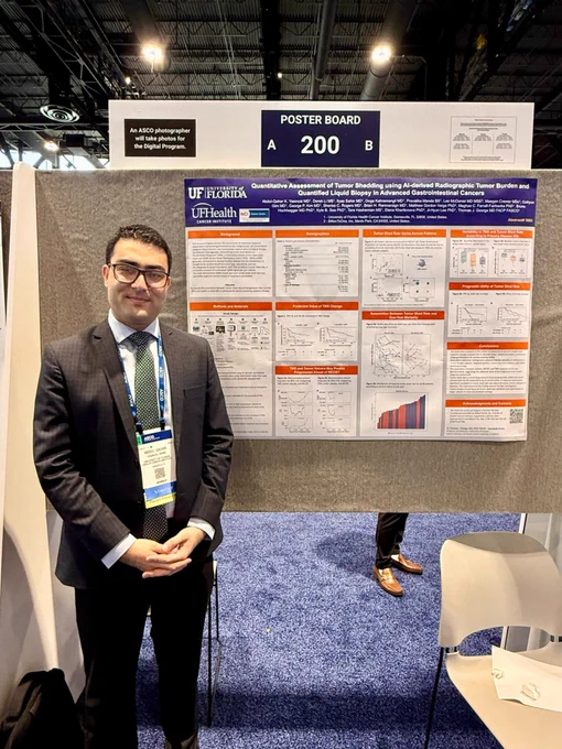 Abdul-Qahar Yasinzai stands in front of his research poster at the ASCO Annual Meeting.