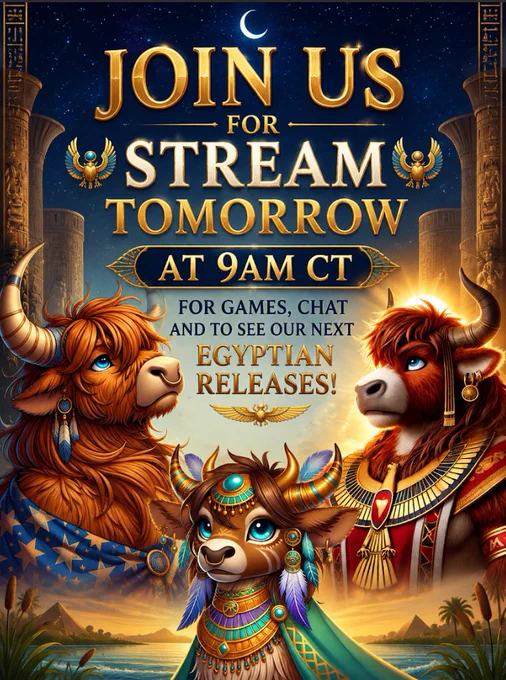A promotional poster featuring animated bulls in Egyptian attire, inviting viewers to a stream event. The image has an ancient Egyptian theme with vibrant colors and intricate details.
