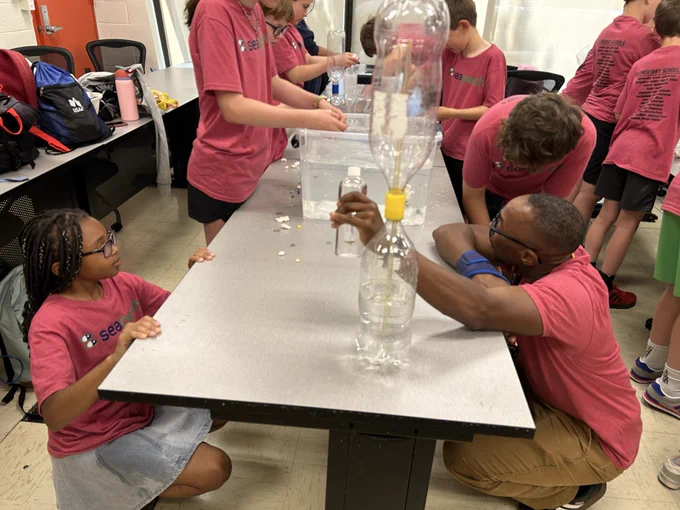 Students from Belvedere ES with teacher, Nik Jones, analyze ways to adjust buoyancy at the United States Naval Academy’s Seaperch day this Friday, May 29th.