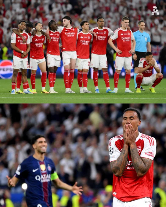 Gabriel of Arsenal reacts after missing the team's fifth penalty in the penalty shoot out during the UEFA Champions League Final 2026 match between Paris Saint-Germain and Arsenal FC at Puskas Arena