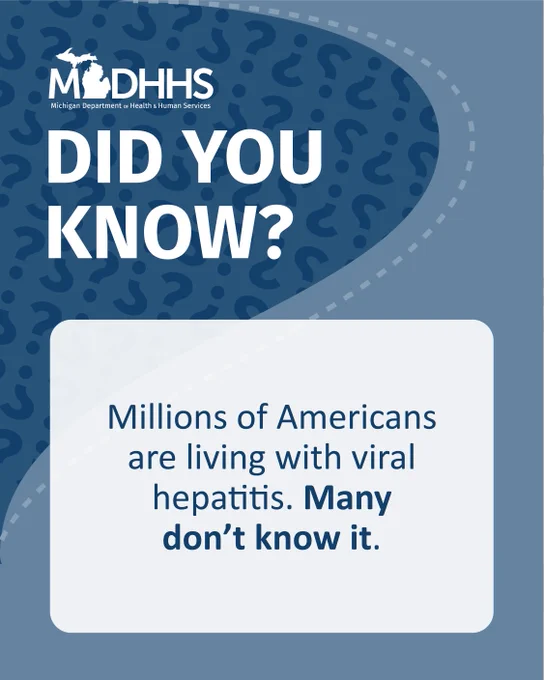 The image is a public service announcement from the Michigan Department of Health & Human Services. It features the text "DID YOU KNOW?" followed by "Millions of Americans are living with viral hepatitis. Many don't know it." The background is blue with a pattern of question marks.