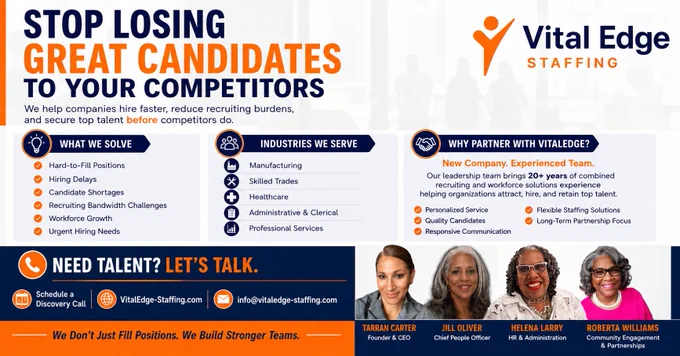 Hiring managers aren't looking for another staffing vendor.
They're looking for a partner who understands their hiring challenges and delivers qualified talent.
That's why we launched VitalEdge Staffing.
While we may be a new company, our team brings more than 20 years of combined recruiting and workforce solutions experience across Manufacturing, Skilled Trades, Healthcare, Administrative, and Professional Services.
We help organizations:
✓ Fill hard-to-fill positions
✓ Reduce hiring delays
✓ Improve candidate quality
✓ Scale teams efficiently
✓ Save valuable recruiting time
At VitalEdge Staffing, we believe recruiting is about more than filling jobs—it's about building teams that drive business success.
If your organization is hiring in 2026, we'd love the opportunity to earn your trust and become an extension of your team.
Let's connect.
#Hiring #TalentAcquisition #Recruiting #HumanResources #ManufacturingJobs #HealthcareRecruitment #SkilledTrades #StaffingSolutions #HRLeaders #Vita