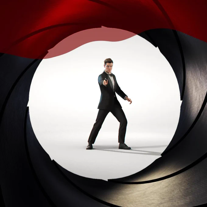 james bond pointing a gun towards the camera as a graphic of running blood is at the top