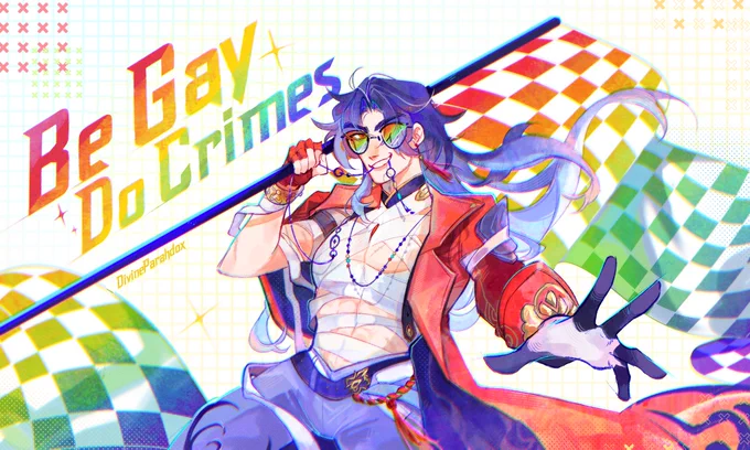 Fan art of Mortenax SP Blade holding a gay rainbow flag. 