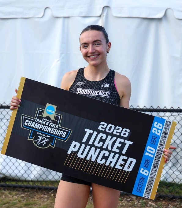 Maeve O'Neill holding a sign that reads "2026 Ticket Punched" on an oversized ticket with the NCAA Division 1 Track and Field Championships logo